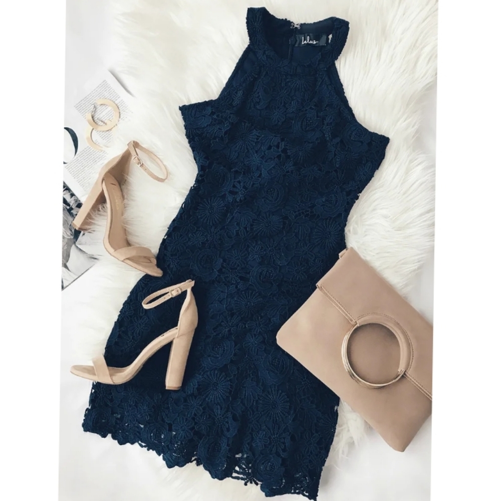 NWT Lulu's Love Poem Navy Blue Lace Mini Dress, XL 14/16 - Picture 2 of 6